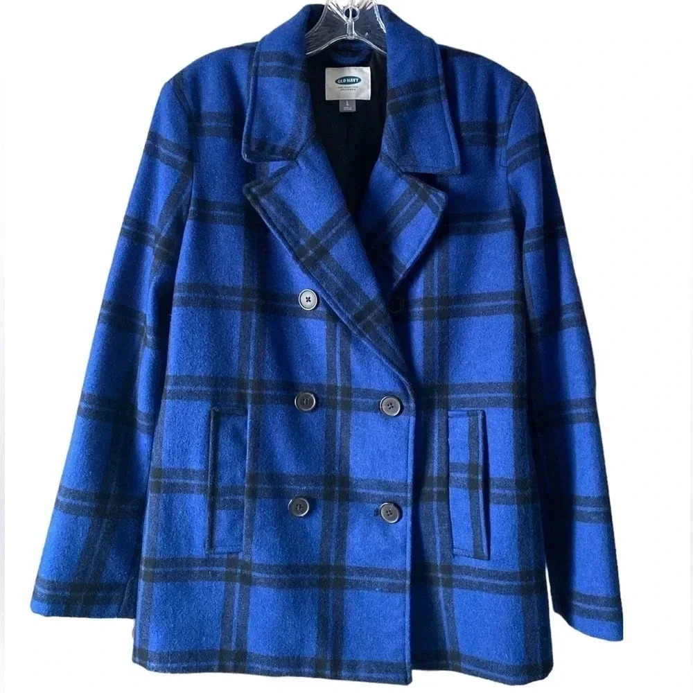 OLD NAVY Women Blue Black Plaid Double Breasted Wool Blend Office Peacoat Large